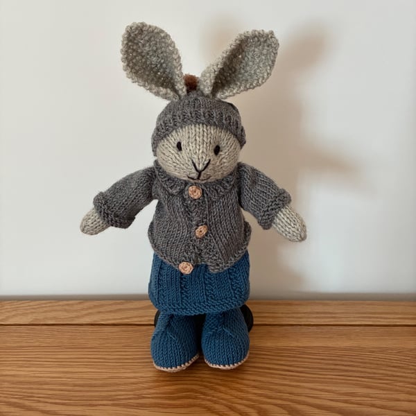 Hand Kitted Rabbit in Dress, Coat and Boots