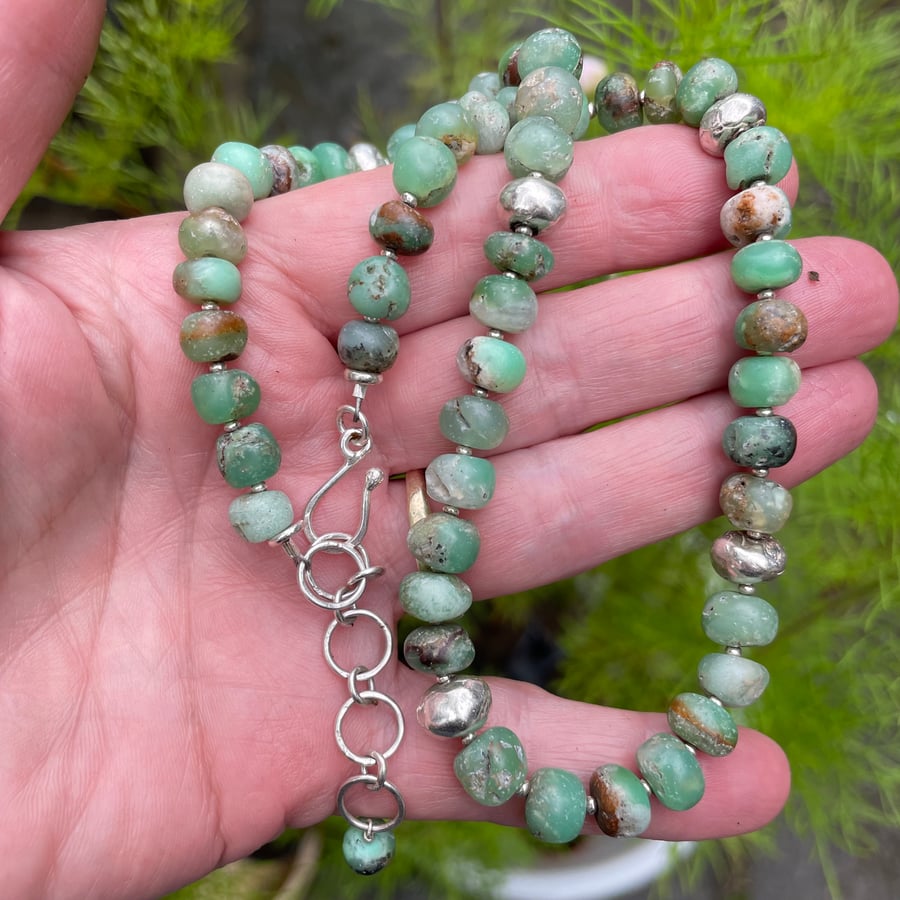 Silver and chrysoprase organic earthy bead necklace