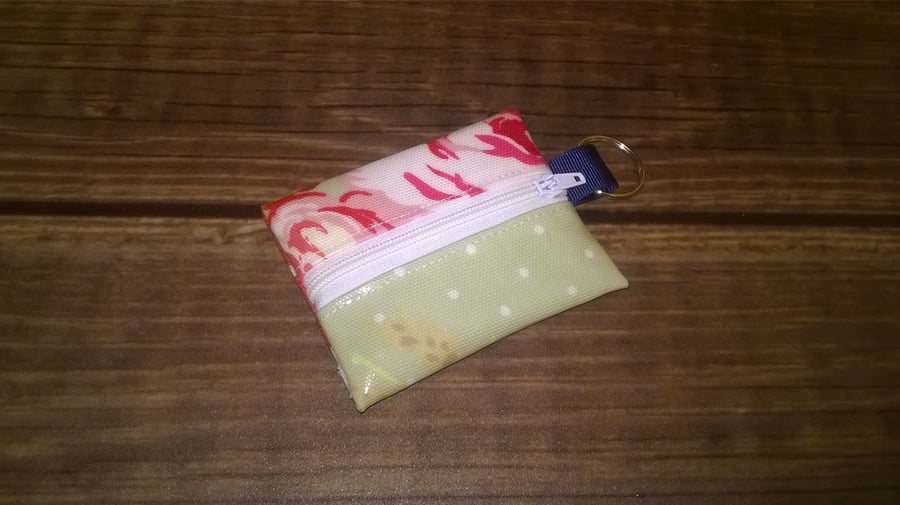 small coin purse key ring, Pale green floral,Oilcloth, perfect for lip vaseline
