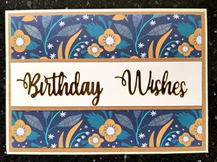 Birthday Card Handmade Art Deco Flower Style 5"x7" Die Cut Gold Card Lettering