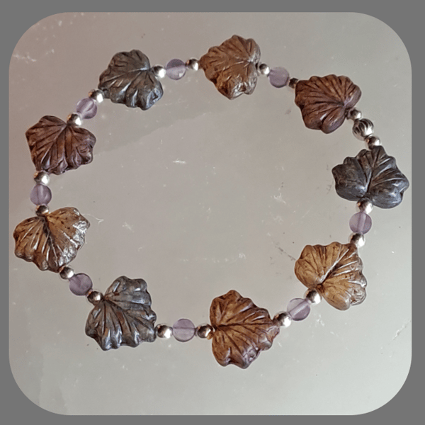  Czech glass, Amethyst and Sterling Silver Leaf bracelet
