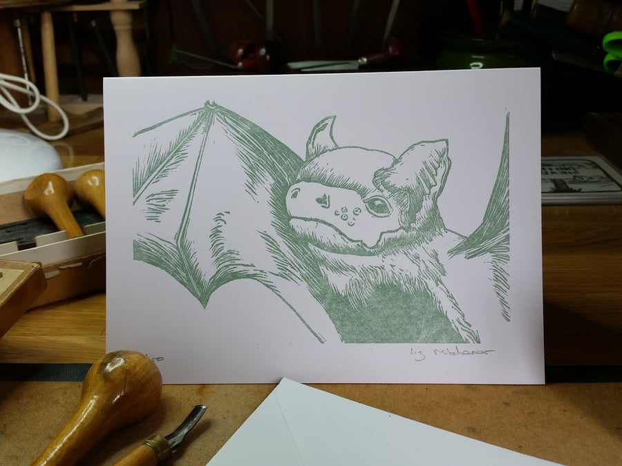 Original linocut card of noctrule bat , "Jethro"