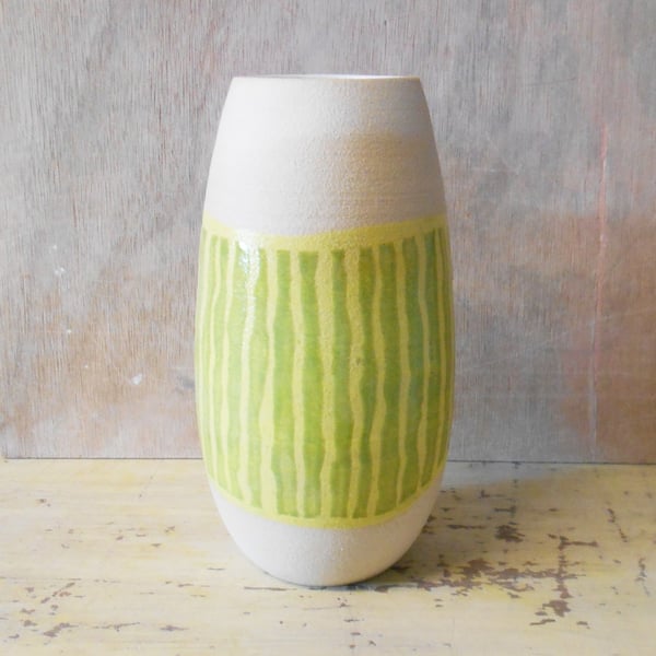 Vase Tulip shaped Green striped Ceramic.