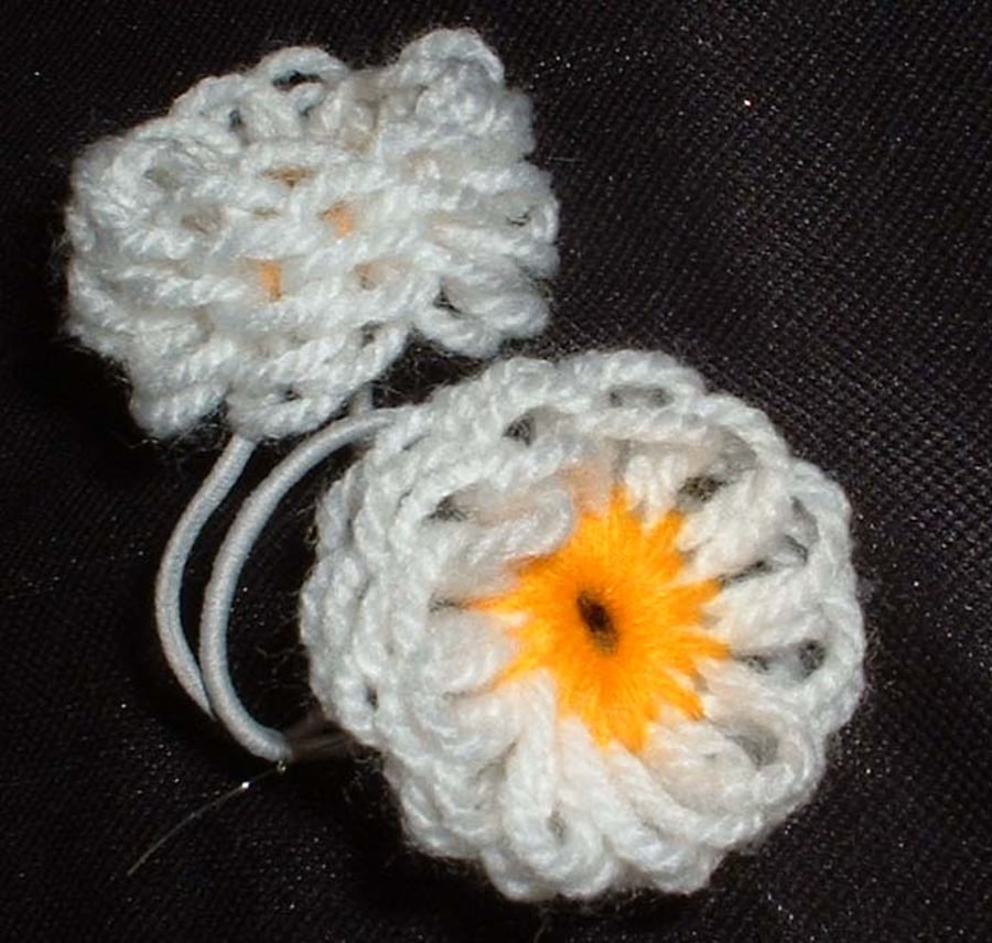 Handmade woollen flower hair bands - white & yellow