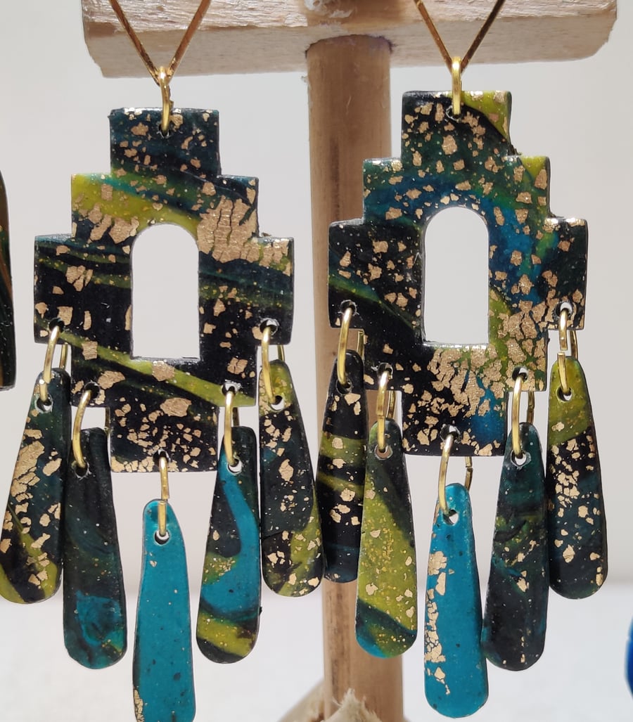 Green blue marble aztec dangle earrings
