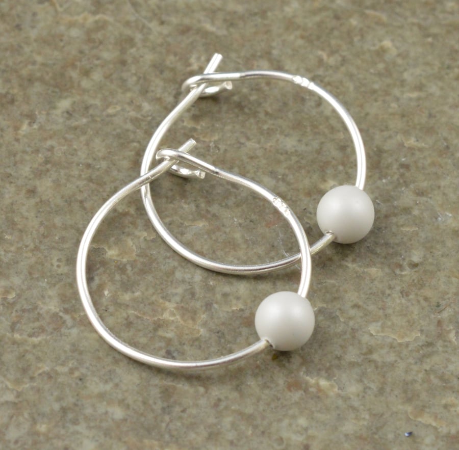 Boho Pastel Grey Swarovski Crystal Pearl 15mm Sterling Silver Hoop Earrings