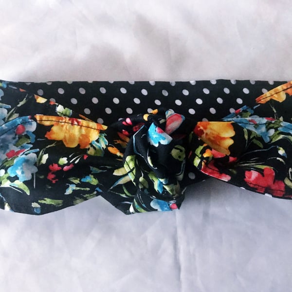 Self Tie Headband Floral Polka Dot Handmade Black Floral Scrunchies