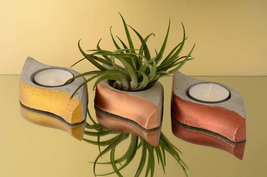 Set of 3 Handmade Concrete Tea Light,Air Plant Holders-Gold,Copper & Dark Copper