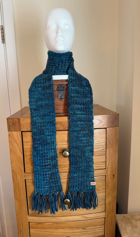 Beautiful blues 100% Merino Wool Scarf knitted with Malabrigo Yarn