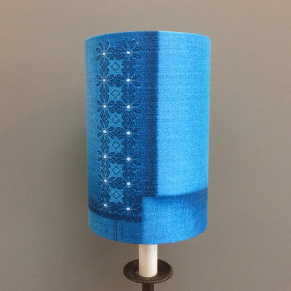 Tiny Flower and Geometric Blue Turquoise Barkcloth Vintage fabric Lampshade