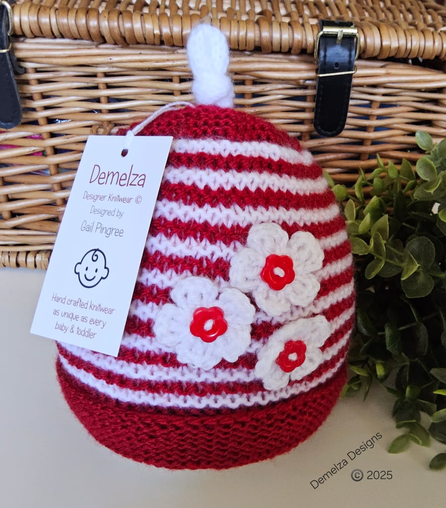 Designer Girl's Hand Knitted Flower Beanie Hat 1 - 2 Years Size