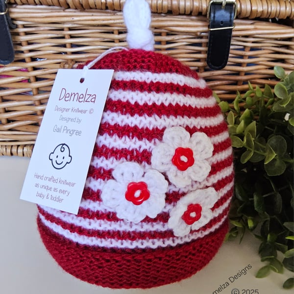 Designer Girl's Hand Knitted Flower Beanie Hat 1 - 2 Years Size