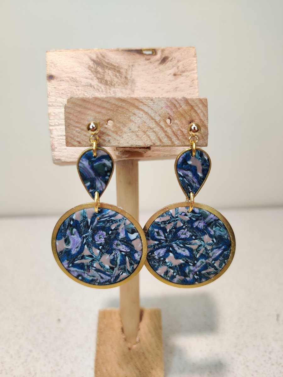 Brass circle purple scrap earrings