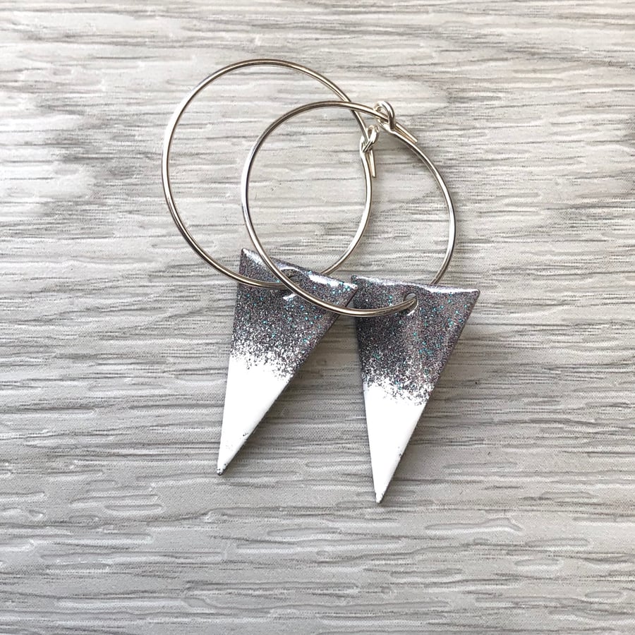 Grey, White & Turquoise Enamel Triangle on Sterling Silver hoop earrings