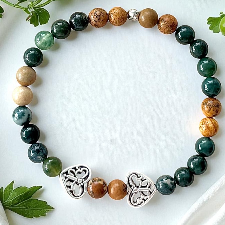 Moss Agate Stretch Bracelet with Picture Jasper