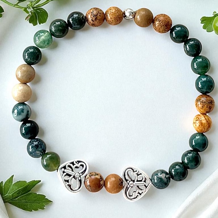 Moss Agate Stretch Bracelet with Picture Jasper