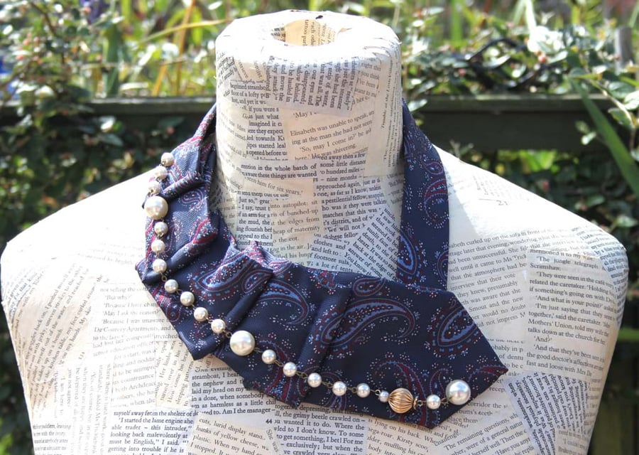 Tie and Pearl Bead Ruched Collar Necklace Scarf Wrap