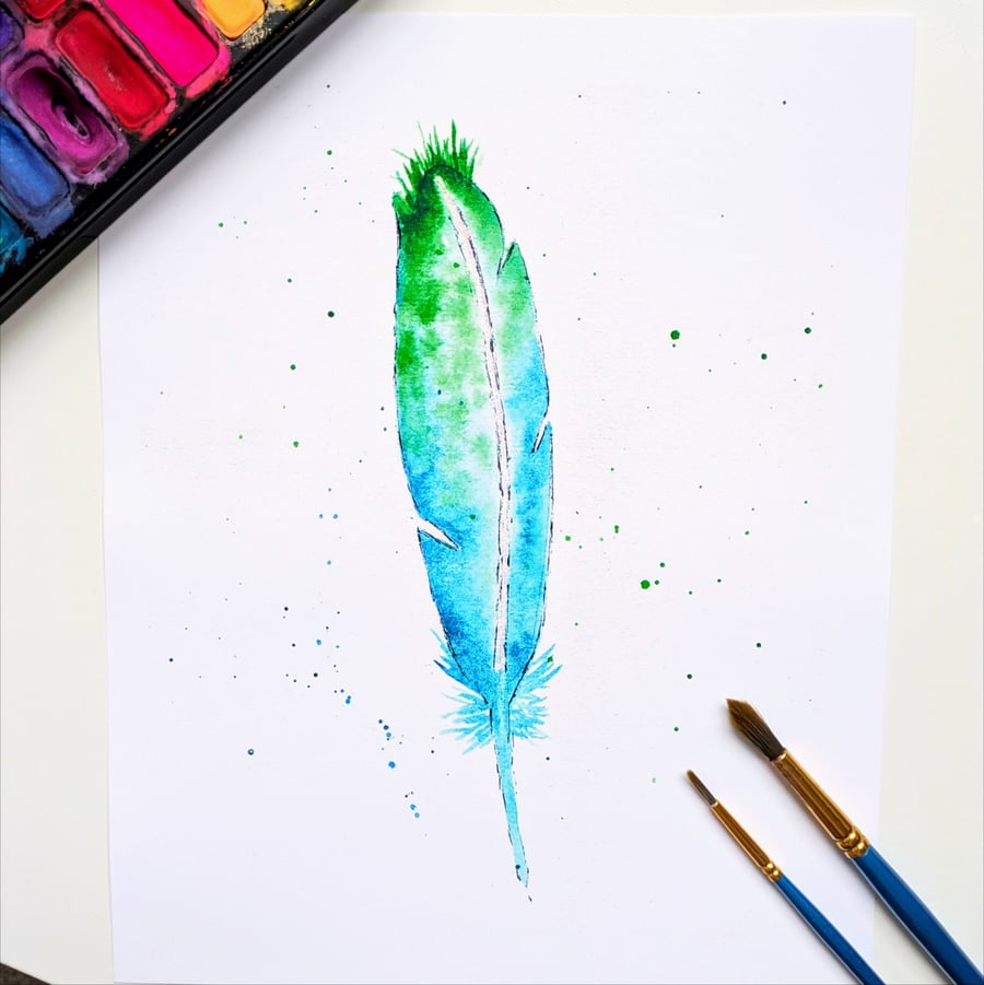 Blue, Green, Turquoise Watercolour Feather Painting Digital Art Print 