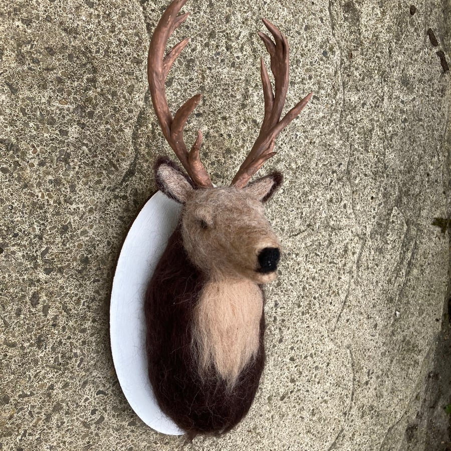Wall mounted 3d needle felted stag head, faux taxidermy