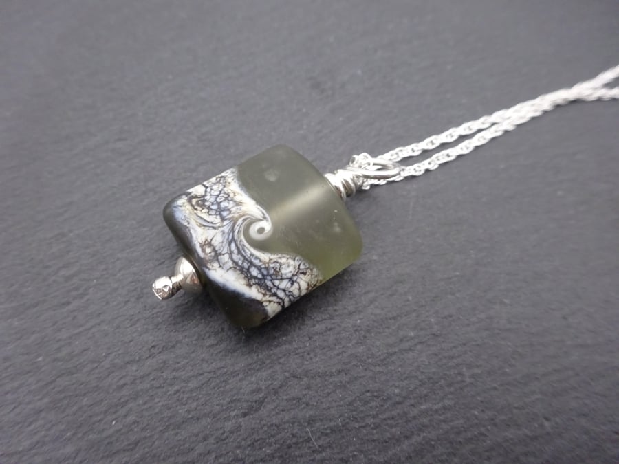 grey sea lampwork glass pendant necklace, sterling silver chain