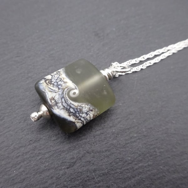 grey sea lampwork glass pendant necklace, sterling silver chain