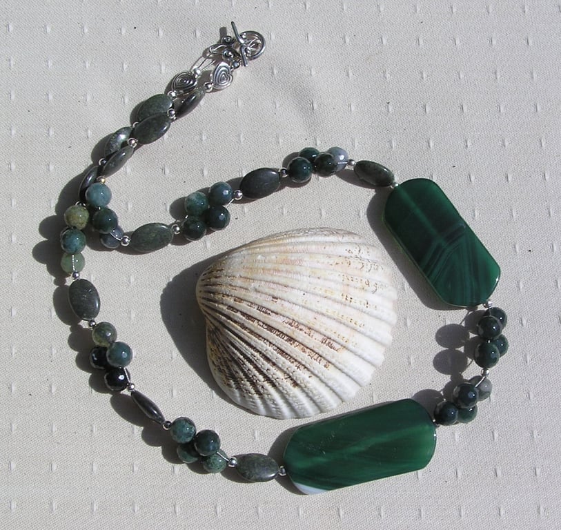 Green Agate, Moss Agate & Rainforest Jasper Gemstone Chunky Statement Necklace