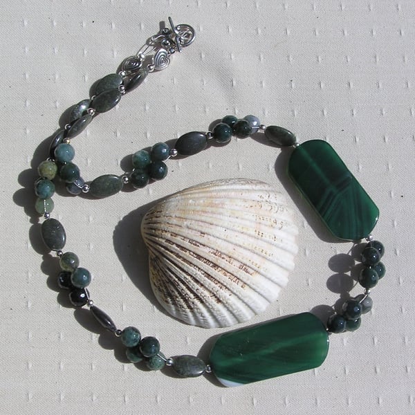 Green Agate, Moss Agate & Rainforest Jasper Gemstone Chunky Statement Necklace