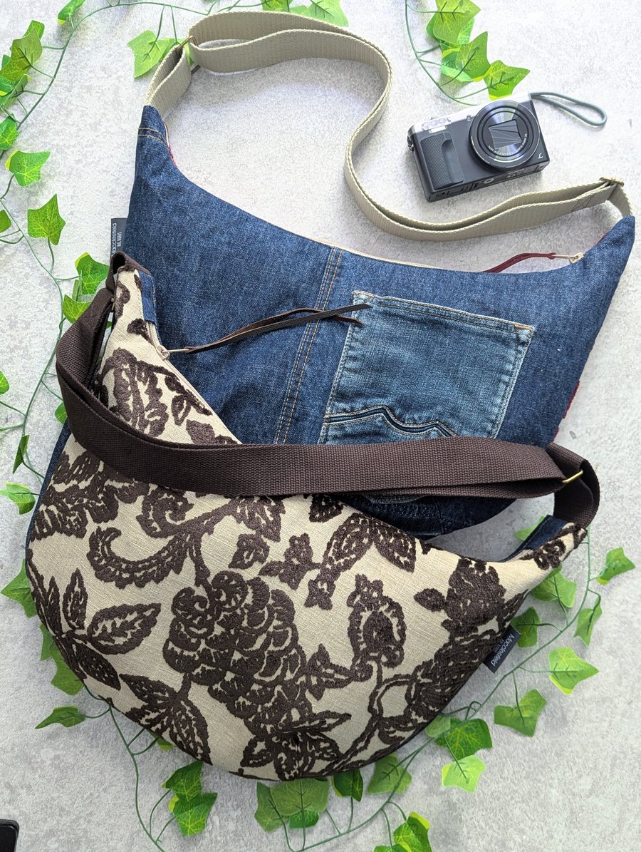 Tapestry and Recycled Denim Large Cross Body Dumpling Bag