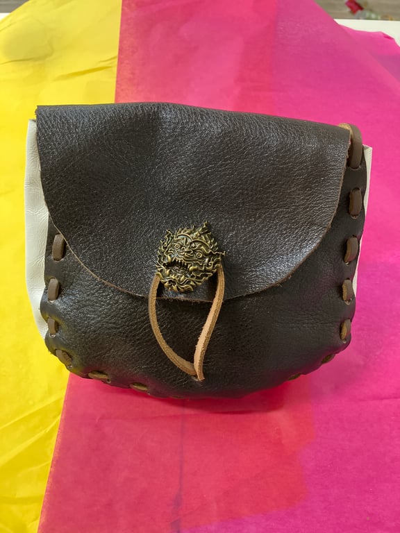 Pouch:  Dark Brown & White Medieval Style with Chinese Dragon Head closure