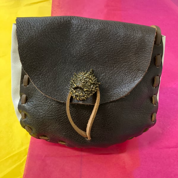Pouch:  Dark Brown & White Medieval Style with Chinese Dragon Head closure