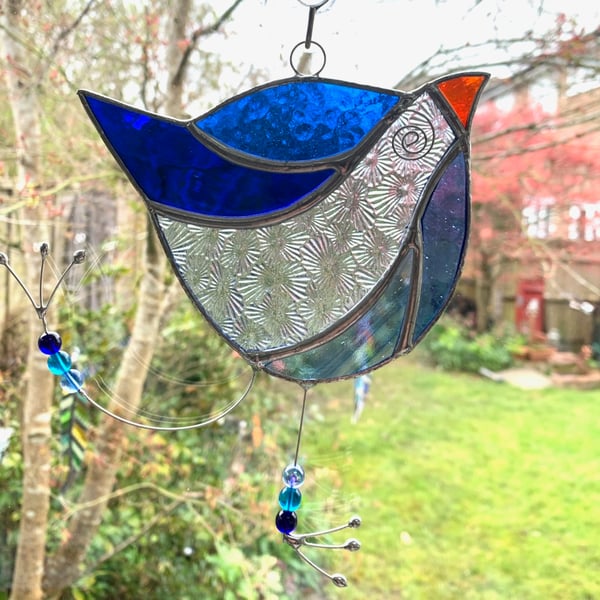 Stained Glass Funky Bird Suncatcher  - Handmade Window Decoration - Blue