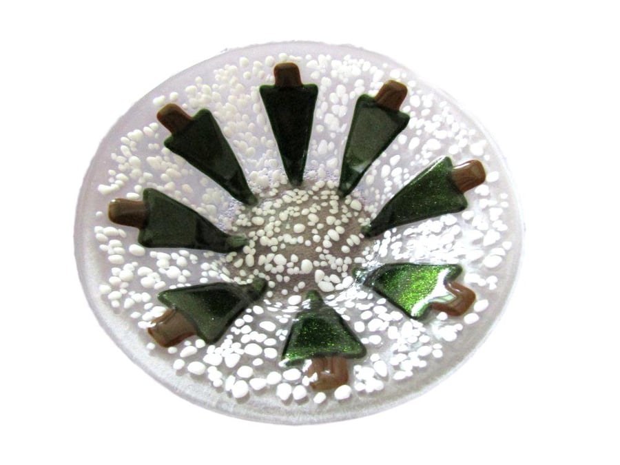 Snowy Christmas Trees Fruit bowl dish 25cm - White Green Brown - Fused Glass