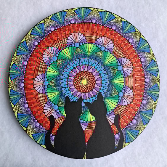 Colourful Mandala with Cat Silhouettes on Canvas