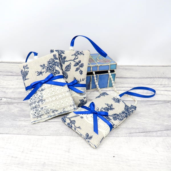 Set of three blue floral lavender bags