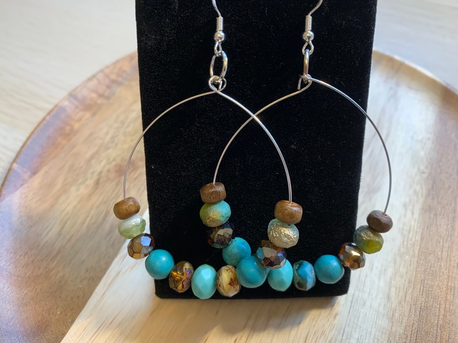 Turquoise, Gold & Bronze Hoop Boho Style Bead Earrings