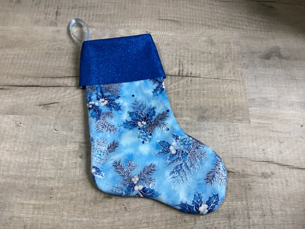 Small Christmas Stocking in blue, berries. 