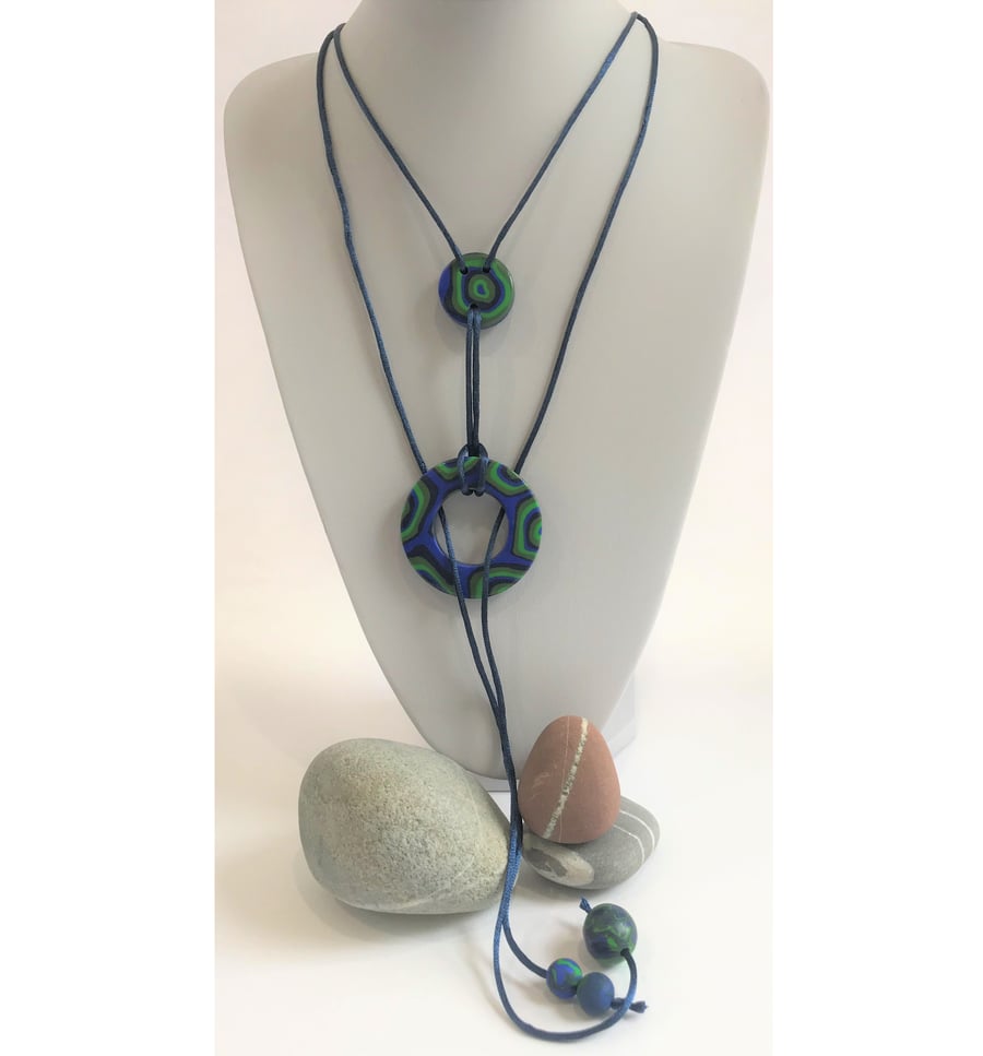 Blue, Green & Glitter Handmade Polymer Clay & Satin Lariat Necklace