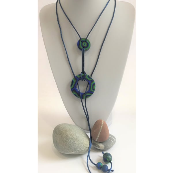 Blue, Green & Glitter Handmade Polymer Clay & Satin Lariat Necklace
