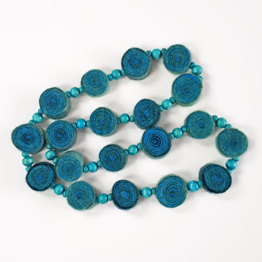 Turquoise & Teal Felt Necklace with Turquoise Wooden Beads