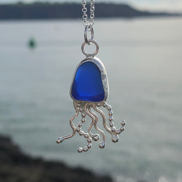 Cobalt Blue Sea Glass and Sterling Silver Jelly Fish Pendant - 1295