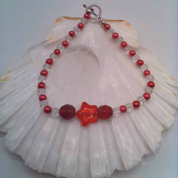 Bracelet with Red Pearls Clear Glass Beads with Red Crystals and Star Centre
