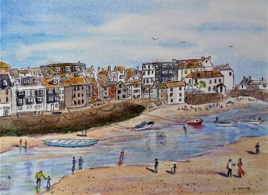 Original watercolour pen and wash painting, Harbour Beach, St.Ives, Cornwall