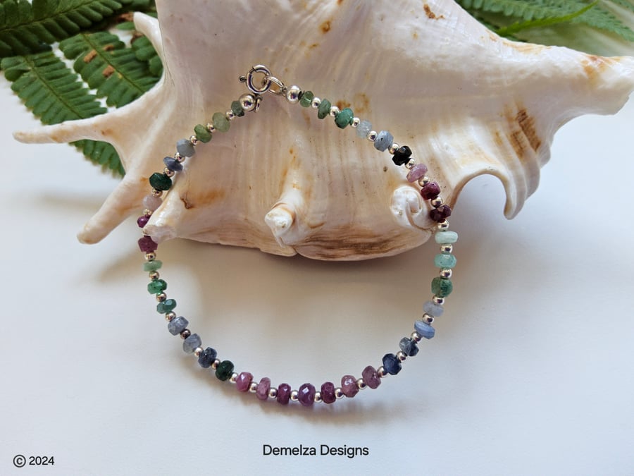 Genuine Ruby, Sapphire & Emerald Dainty Stacker Sterling Silver Bracelet