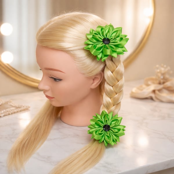 Lime Green Satin Ribbon Flower Hair Ties - Handmade Kanzashi Bobbles Pair