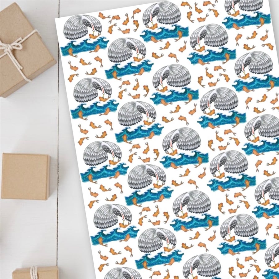 Gone Fishing Wrapping Paper, Heron and Koi Art Print Gift Wrap