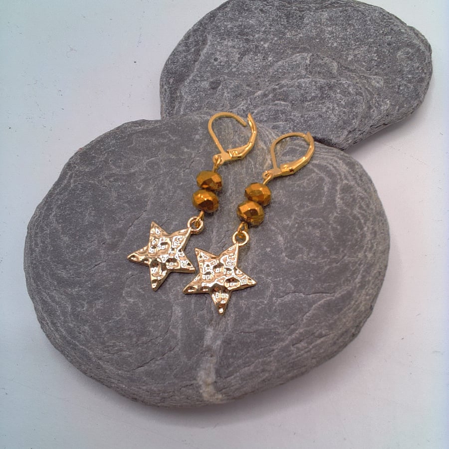 Gold Plated Hammered Star Earrings with Gold Crystal Rondelles, Gift for Her