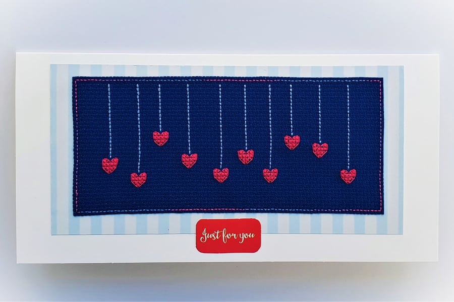 Hearts cross stitch Card with 'Just for you' wording