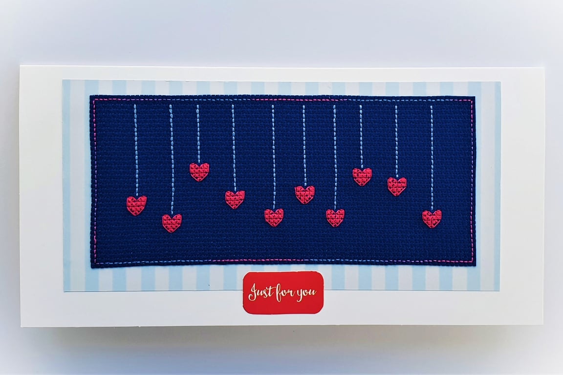 Hearts cross stitch Card with 'Just for you' wording