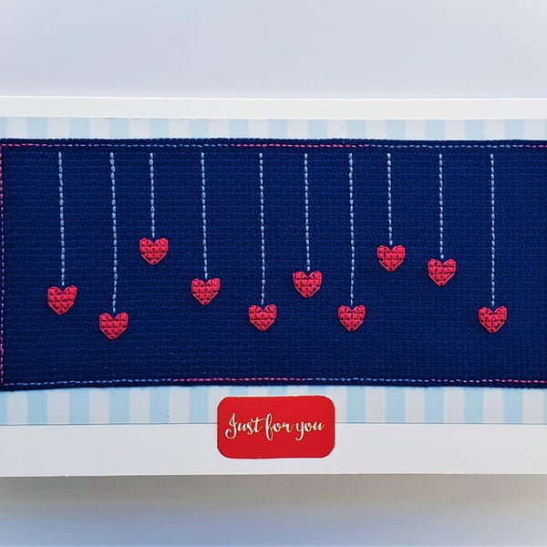 Hearts cross stitch Card with 'Just for you' wording