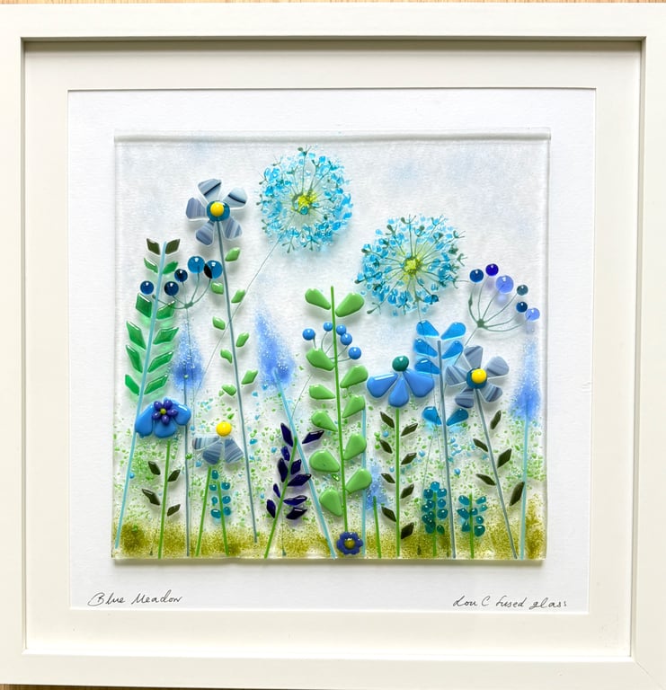 Stunning fused glass blue meadow picture 